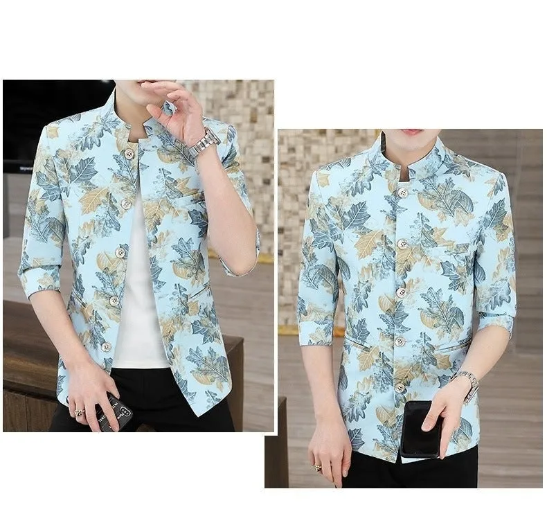 Men's Summer Slim Stand-up Collar Medium-sleeve Printed Blazer