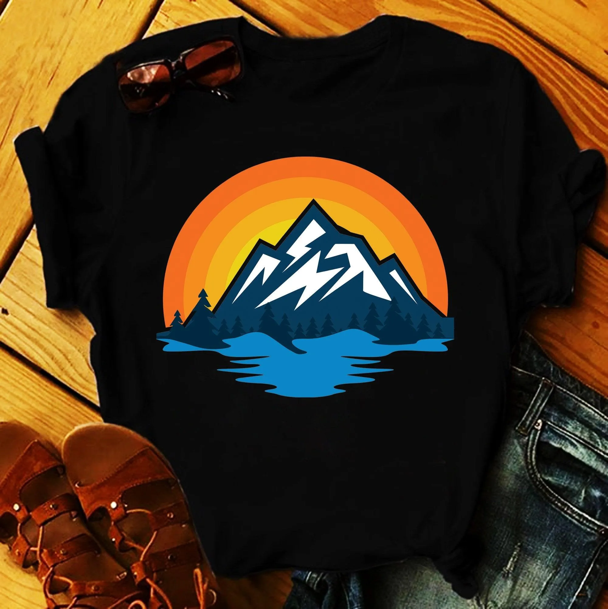 Mountain Trees Lake | Retro Sunset T-Shirts, Cabin Vibes & Good Times - Cabin Shirt, Cabin Life, Cabin Shirts, Cabin Gift, Cabin