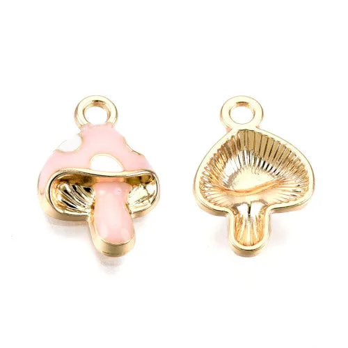 Pendants, Mushroom, Pink, White, Enameled, Single-Sided, Light Gold Plated, Alloy, 16mm