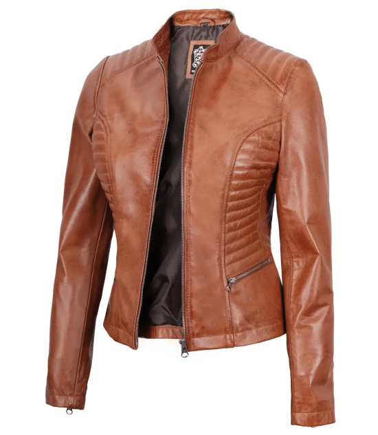 Rachel Women's Petite Tan Brown Cafe Racer Leather Jacket