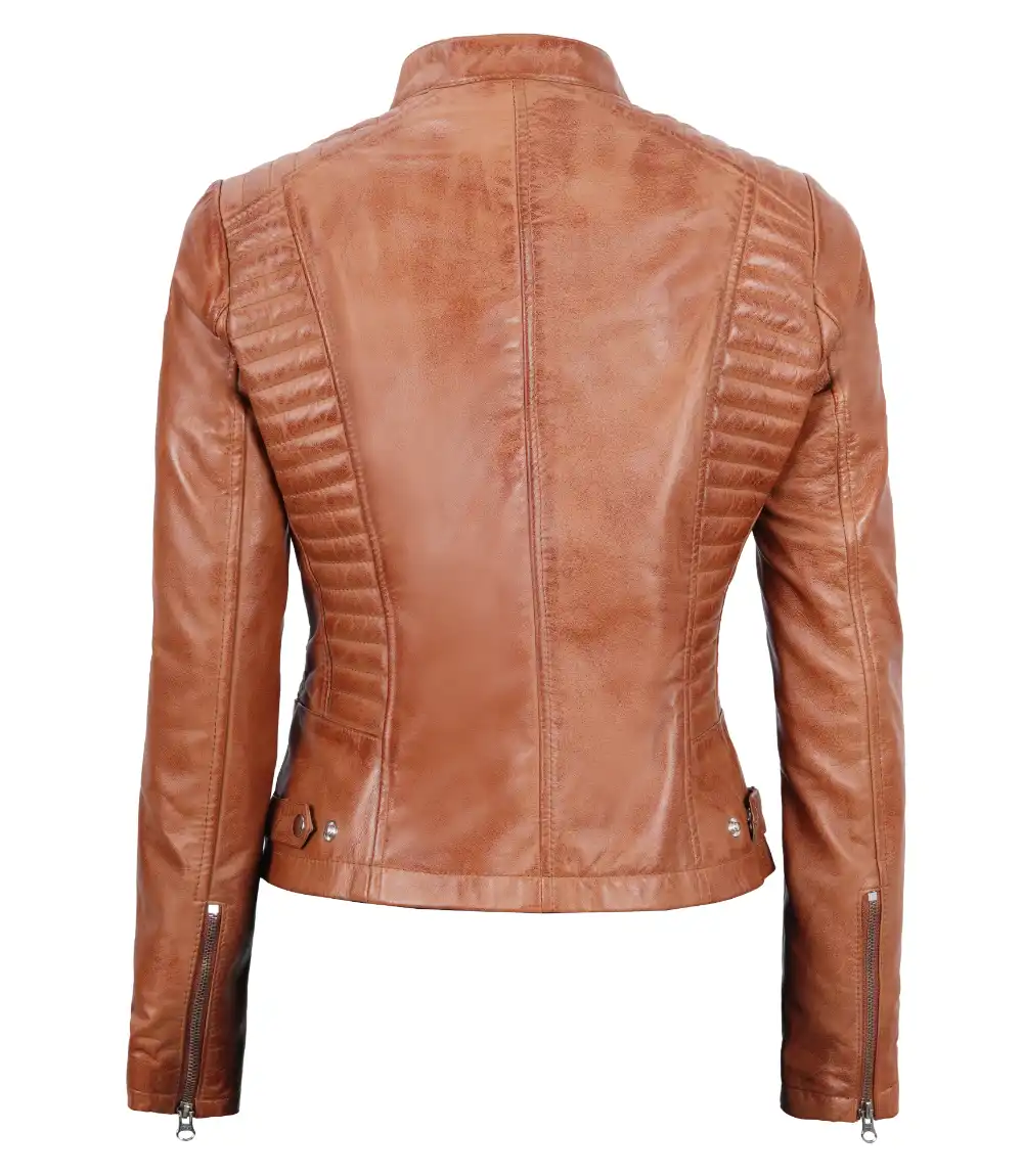 Rachel Women's Petite Tan Brown Cafe Racer Leather Jacket