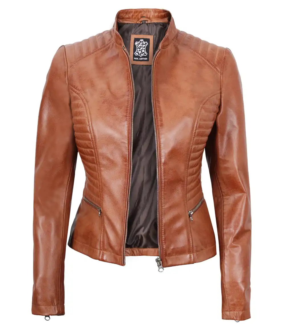 Rachel Women's Petite Tan Brown Cafe Racer Leather Jacket