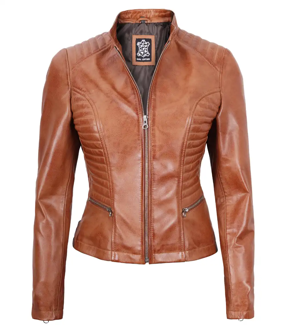 Rachel Women's Petite Tan Brown Cafe Racer Leather Jacket