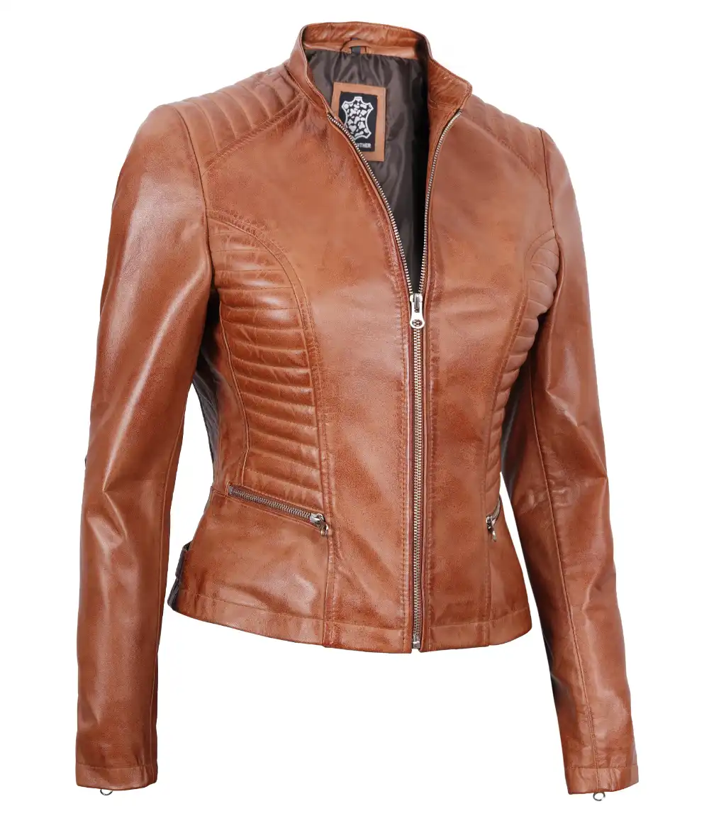 Rachel Women's Petite Tan Brown Cafe Racer Leather Jacket