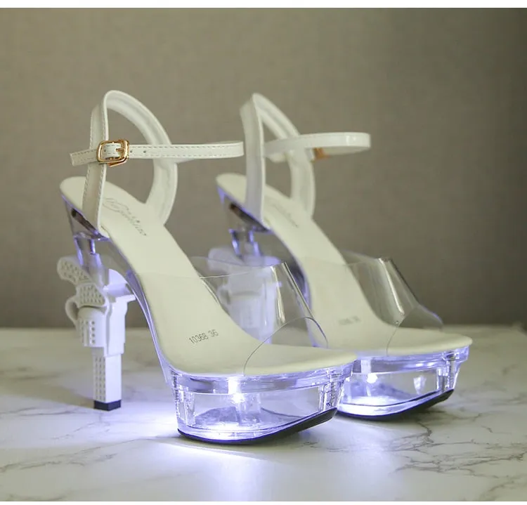 Rhinestones LED Glowing Sexy Platforms Ultra-Heeled Pistol Pumps for Women