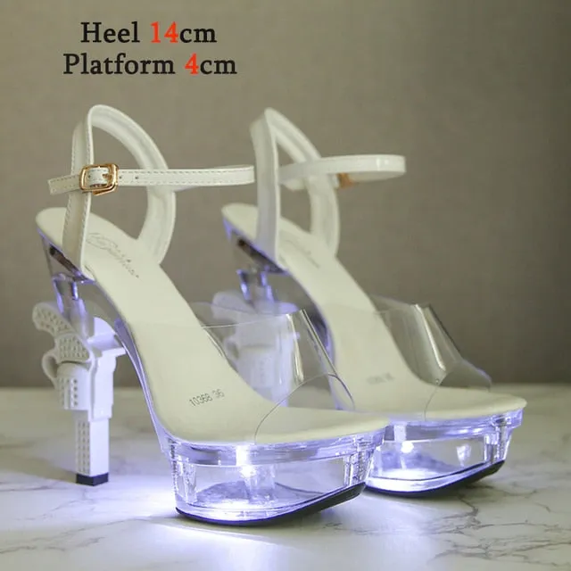 Rhinestones LED Glowing Sexy Platforms Ultra-Heeled Pistol Pumps for Women