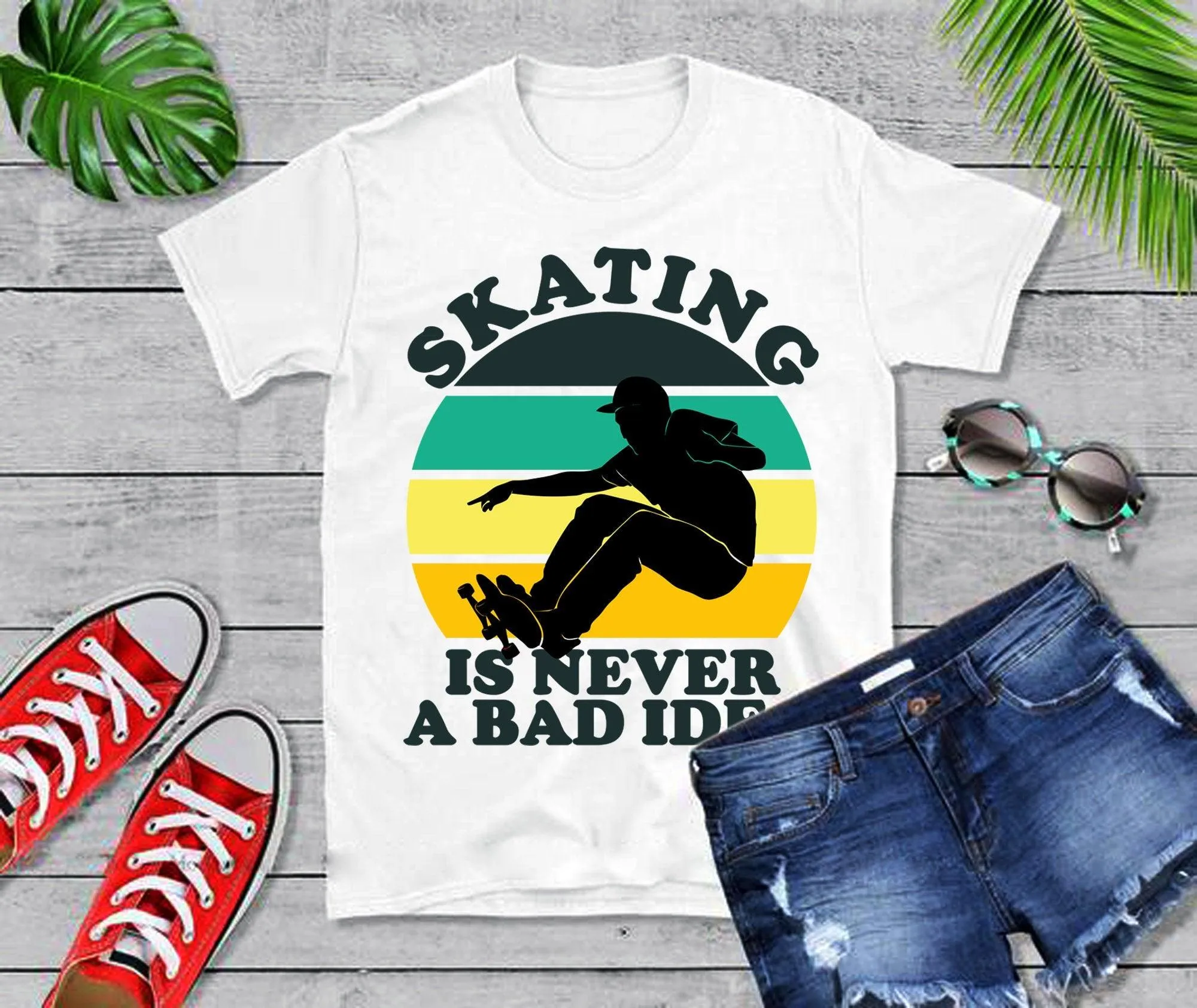 Skating Is Never A Bad Idea | Male Skateboard | Retro Sunset T-Shirts