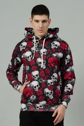 Skull with Rose Printed Black Hoodie for Men