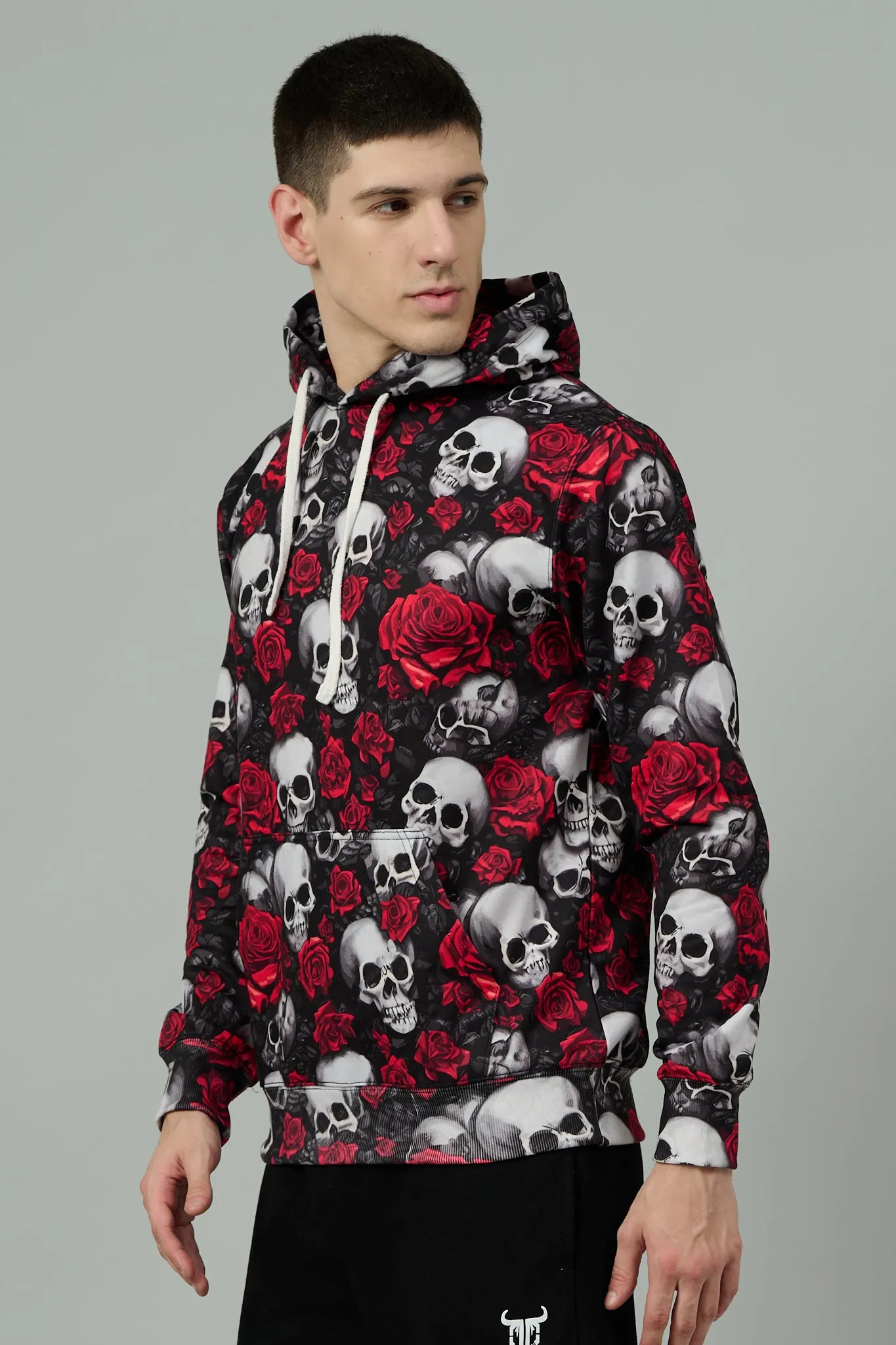 Skull with Rose Printed Black Hoodie for Men