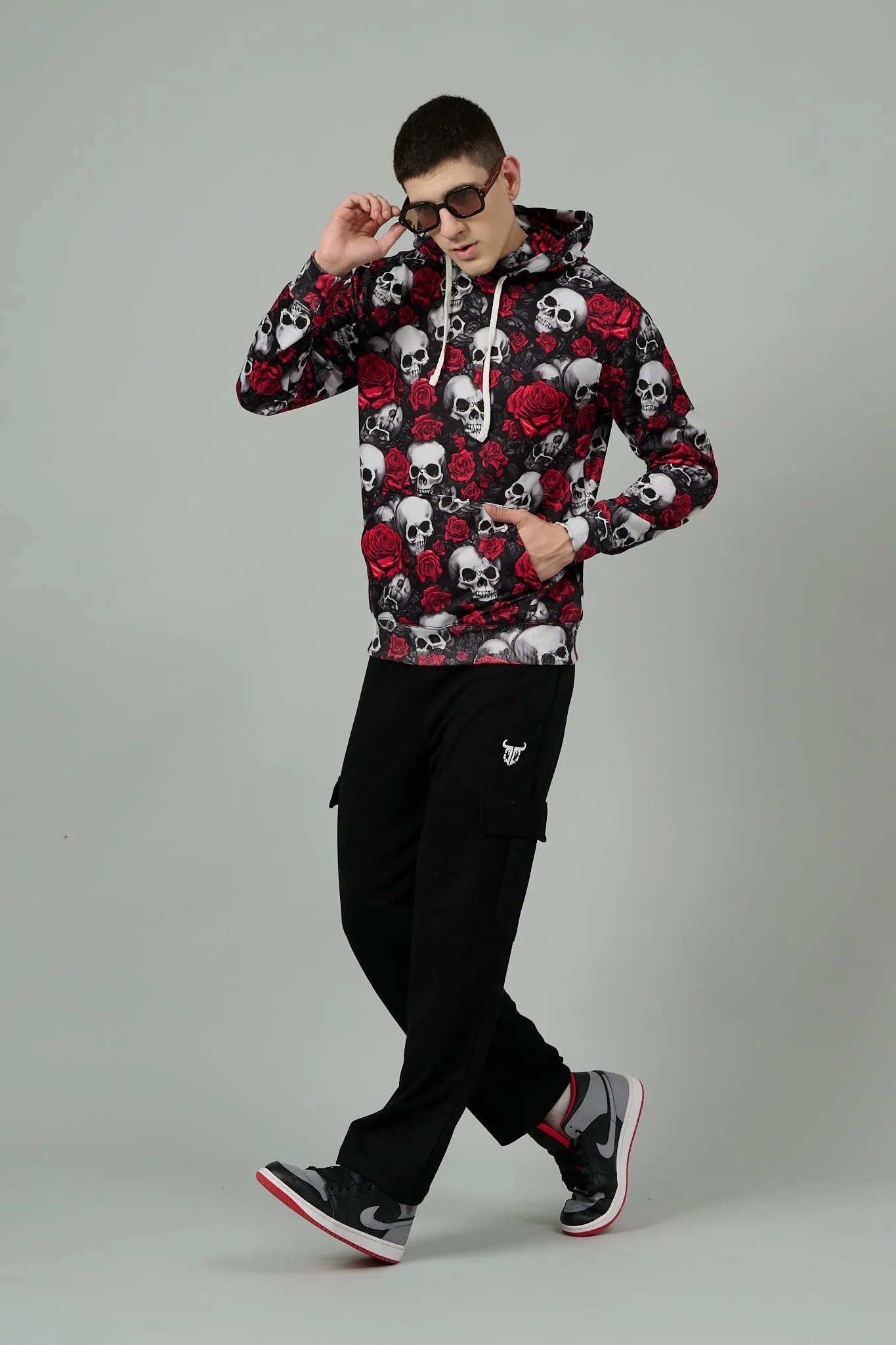 Skull with Rose Printed Black Hoodie for Men