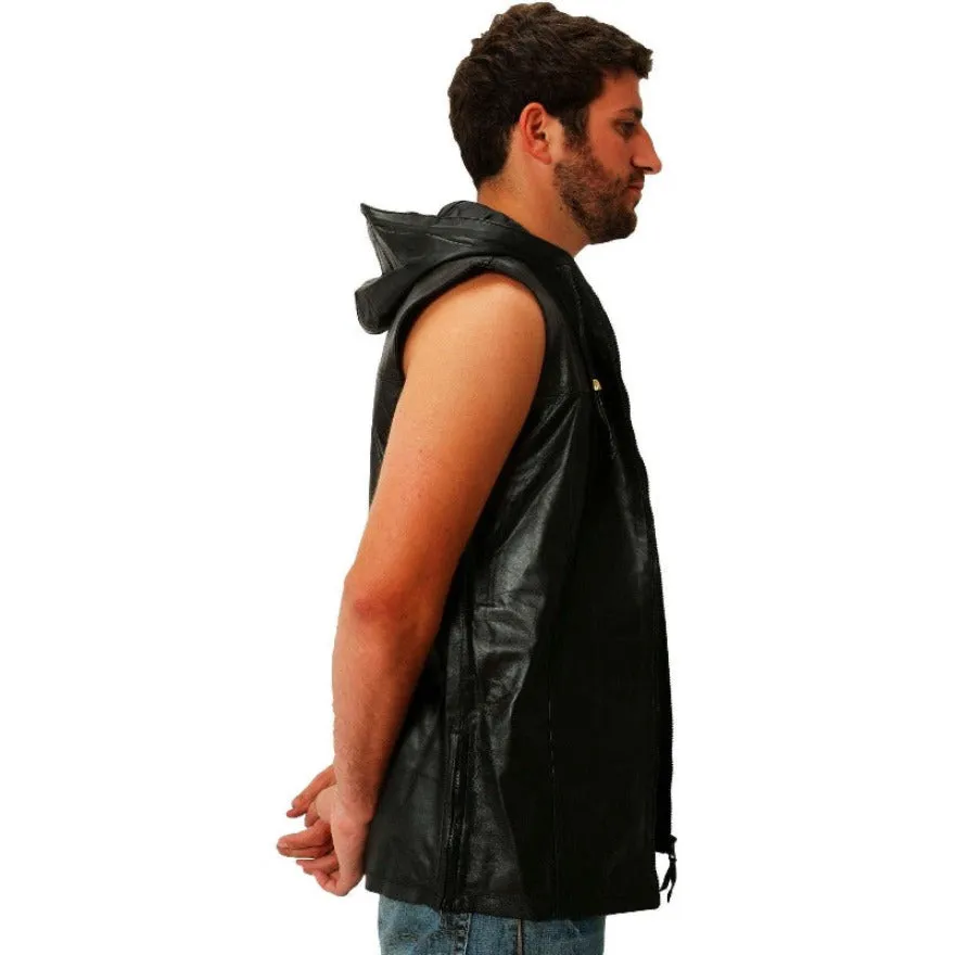 Sleeveless Leather Hoodie | Black Nappa Sheepskin