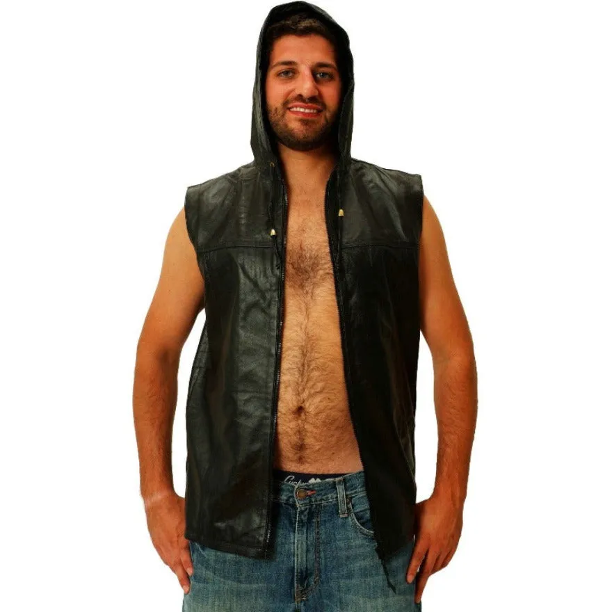 Sleeveless Leather Hoodie | Black Nappa Sheepskin