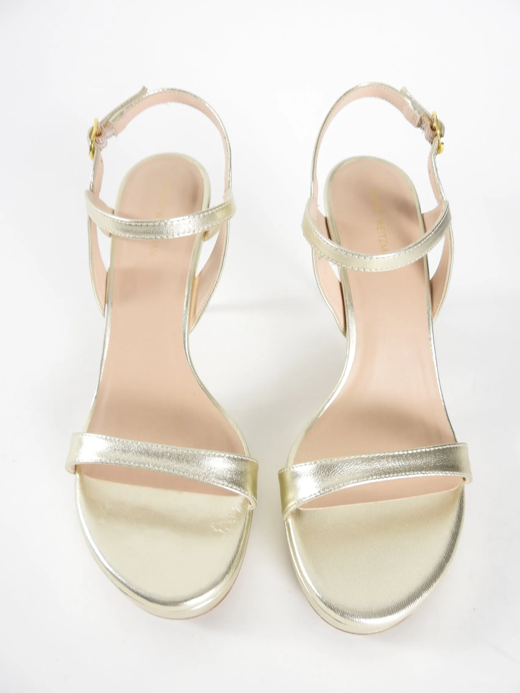 Stuart Weitzman Light Gold Metallic Leather Mariposa 80mm Platform Sandals - 8.5