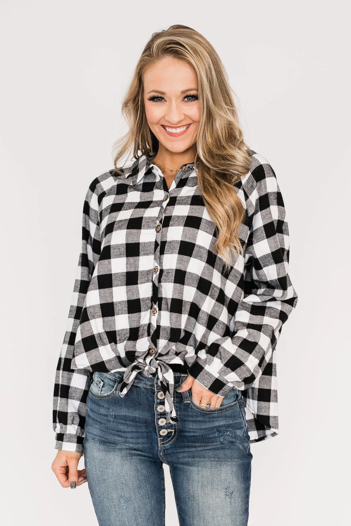 Takes Me Back Front Tie Plaid Top-Black & White