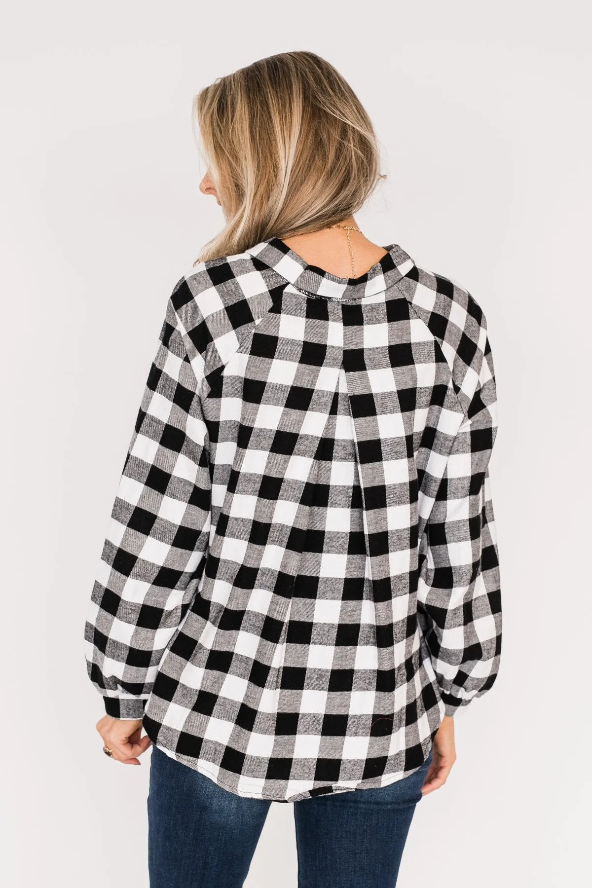 Takes Me Back Front Tie Plaid Top-Black & White