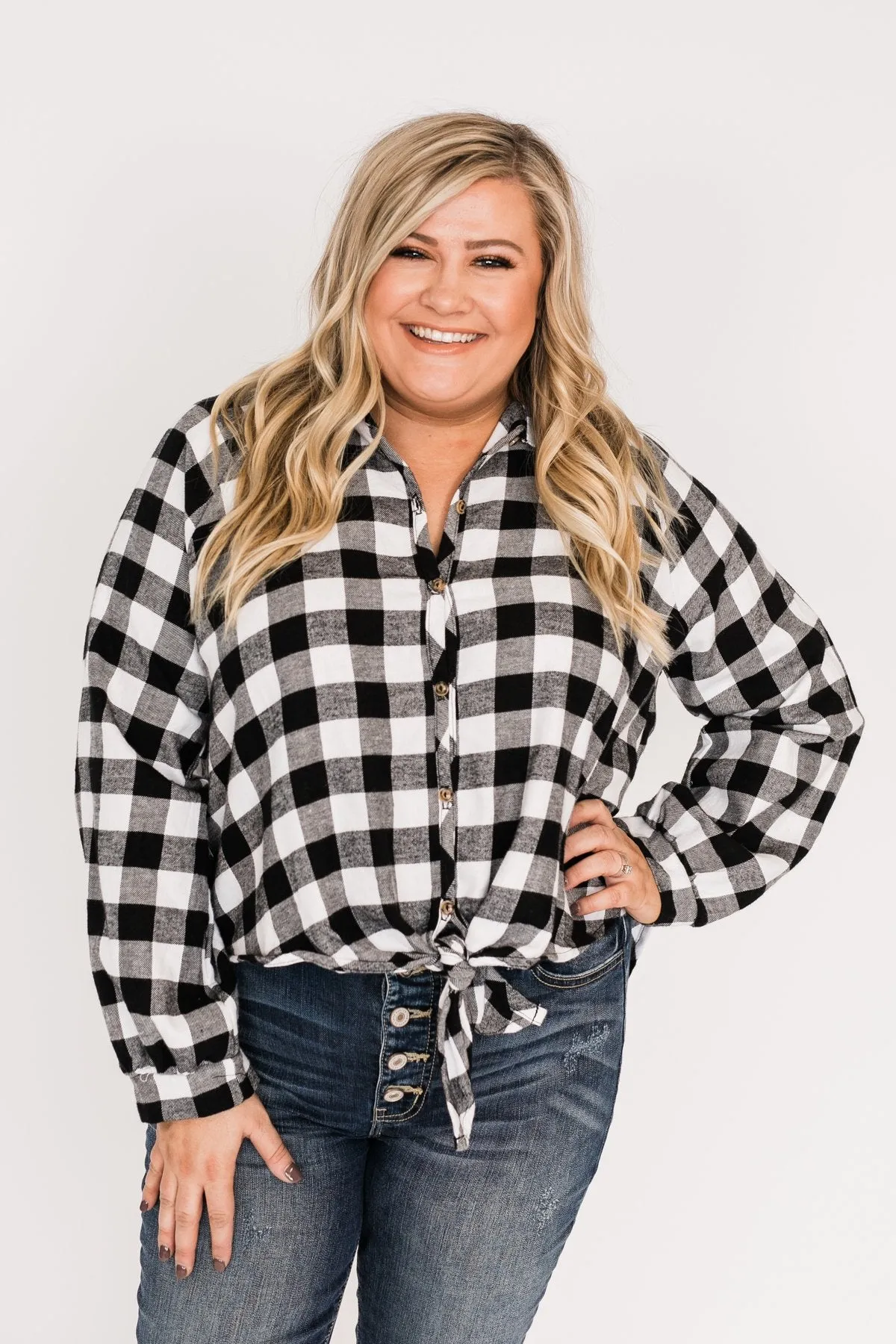 Takes Me Back Front Tie Plaid Top-Black & White