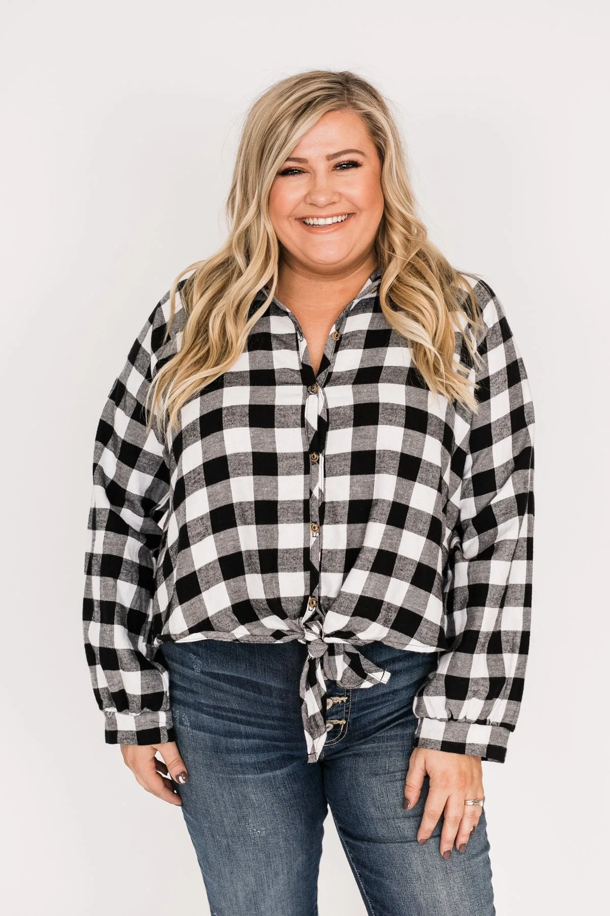 Takes Me Back Front Tie Plaid Top-Black & White