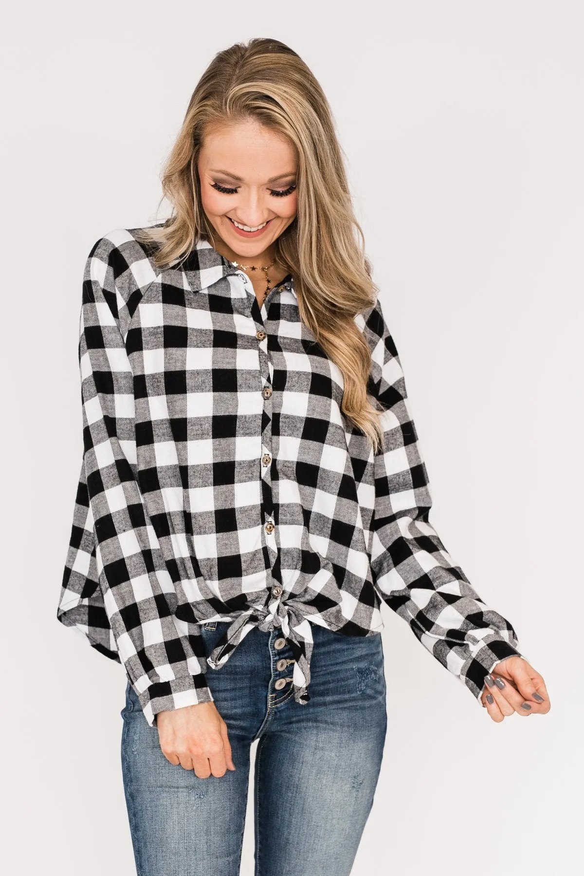 Takes Me Back Front Tie Plaid Top-Black & White