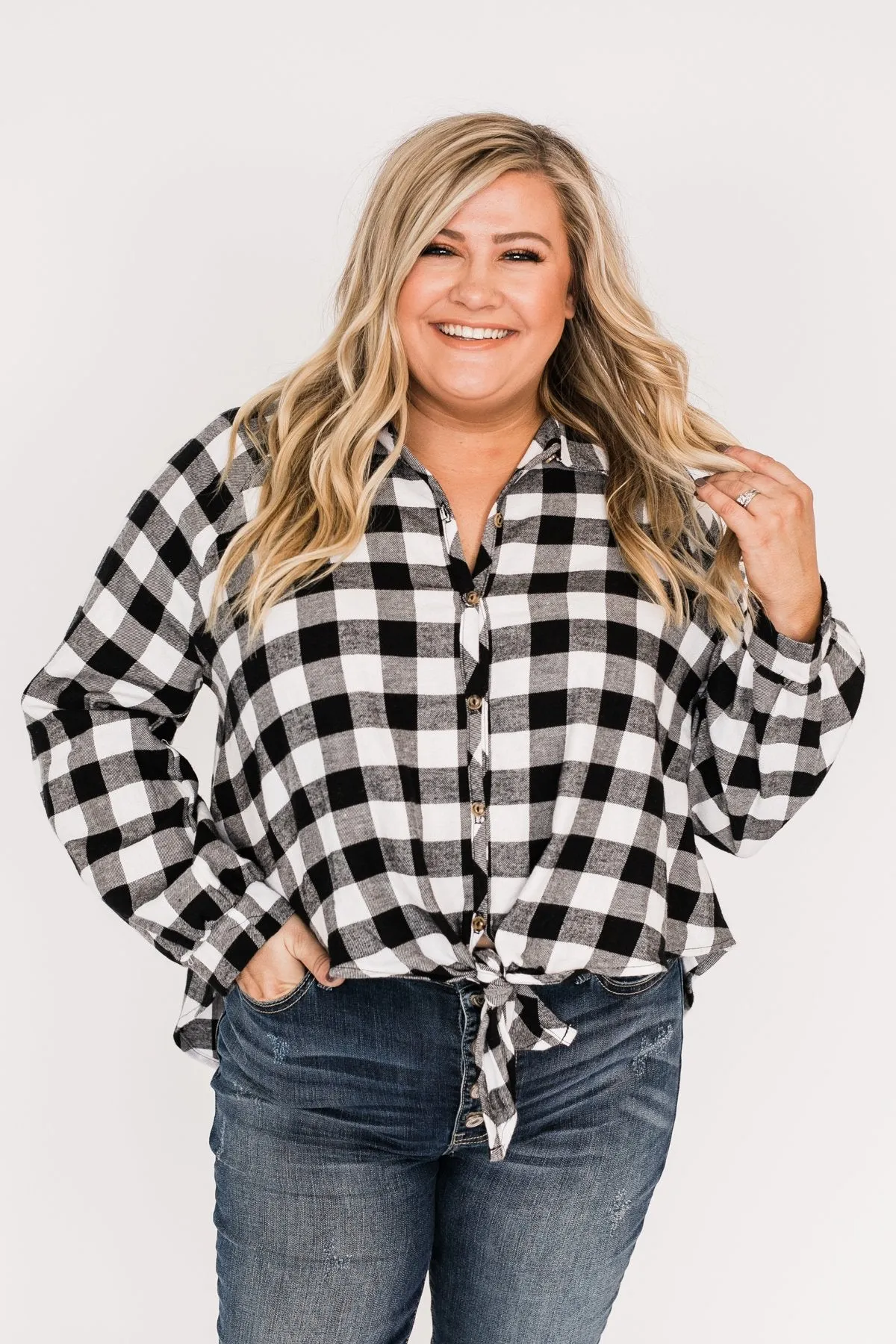 Takes Me Back Front Tie Plaid Top-Black & White