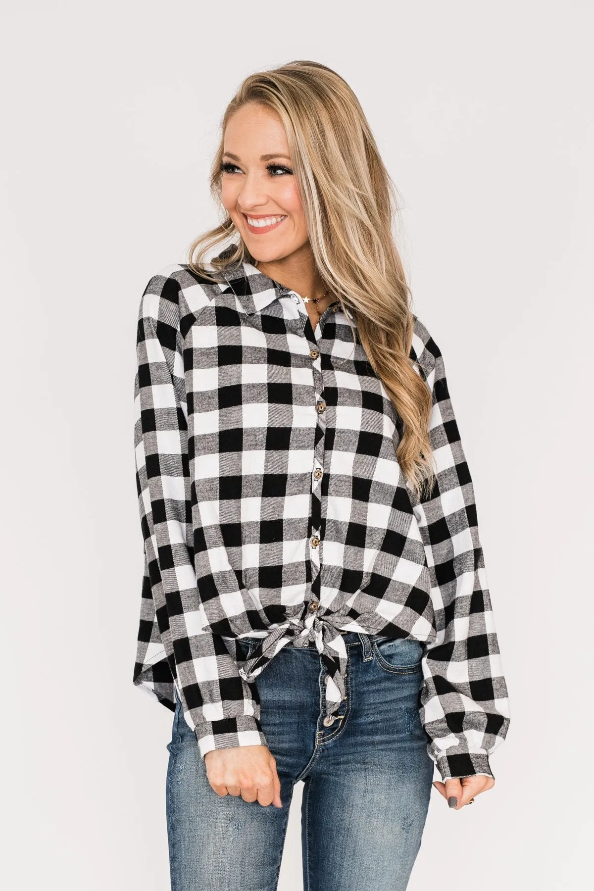 Takes Me Back Front Tie Plaid Top-Black & White