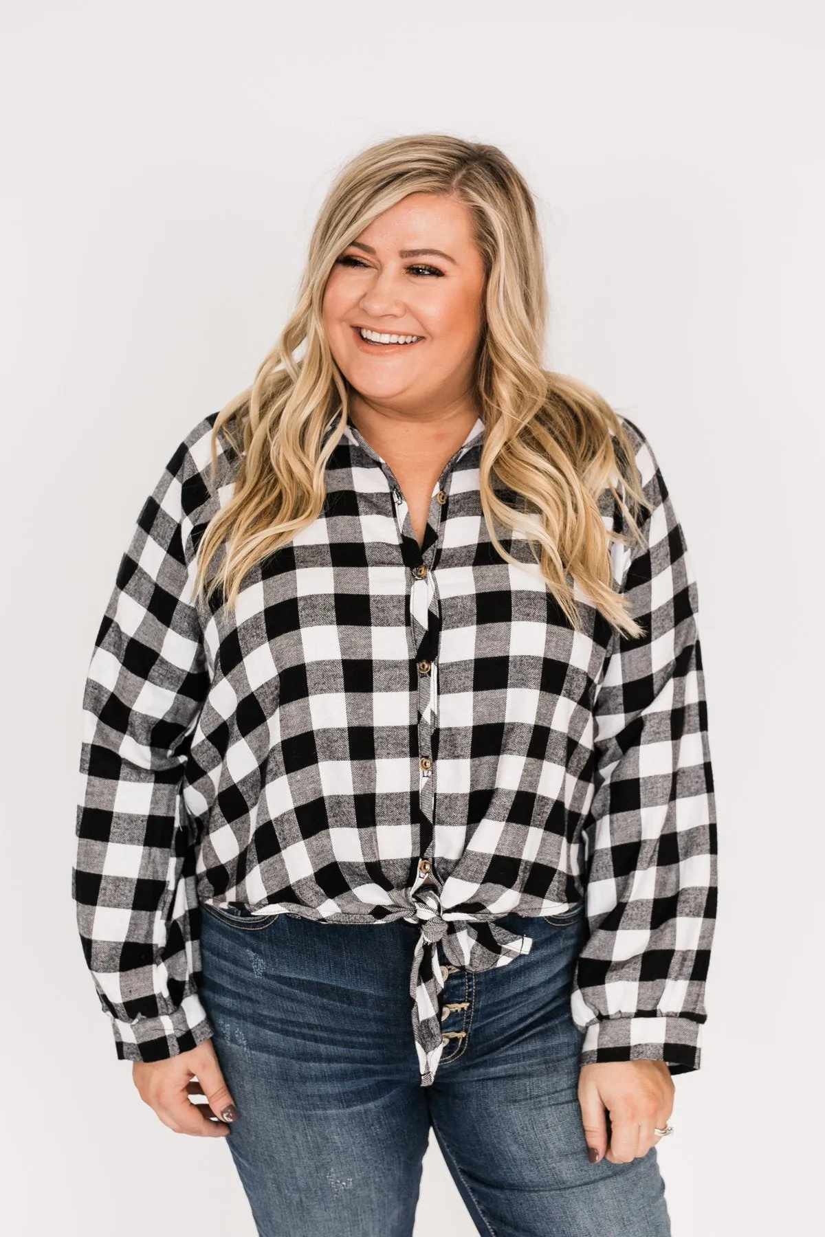 Takes Me Back Front Tie Plaid Top-Black & White