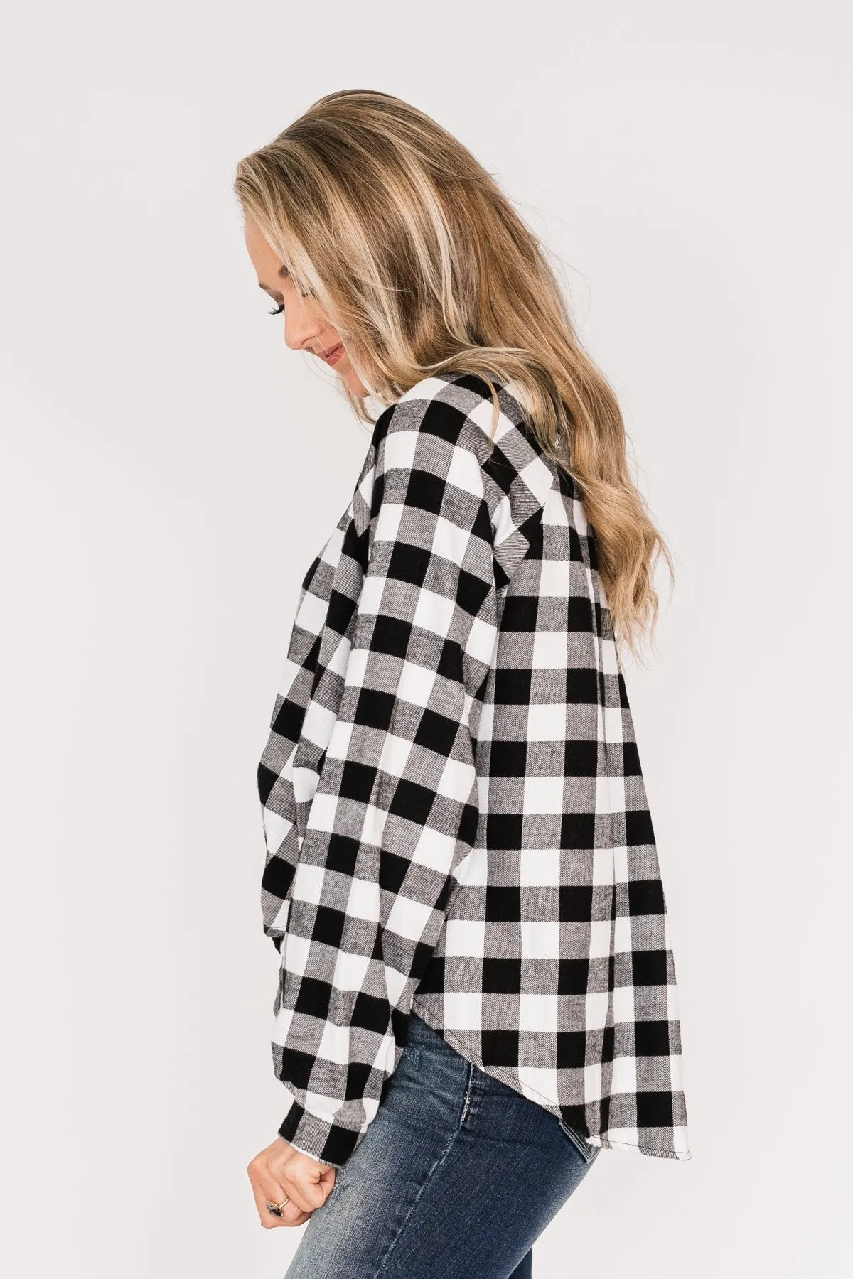 Takes Me Back Front Tie Plaid Top-Black & White