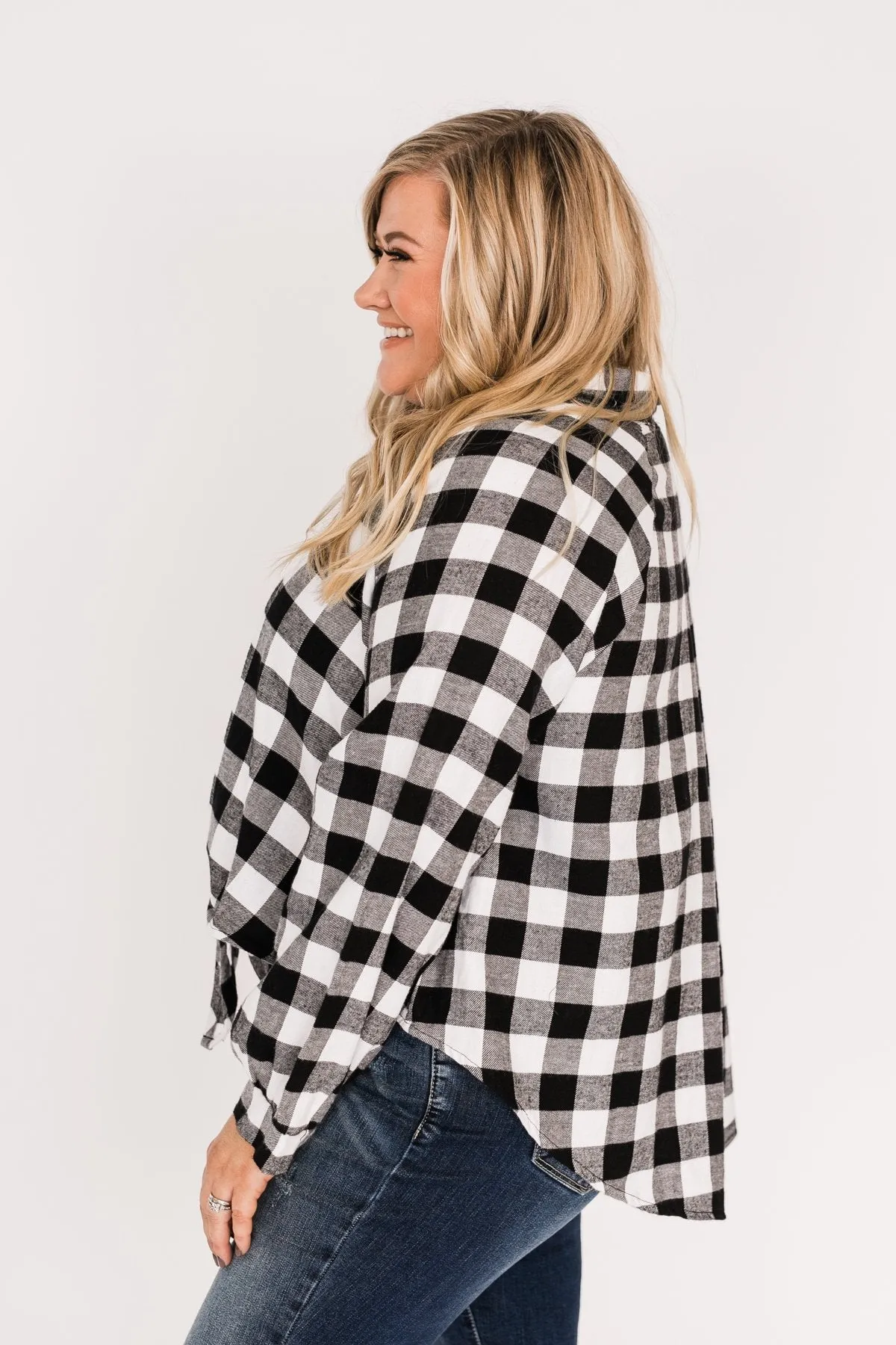 Takes Me Back Front Tie Plaid Top-Black & White