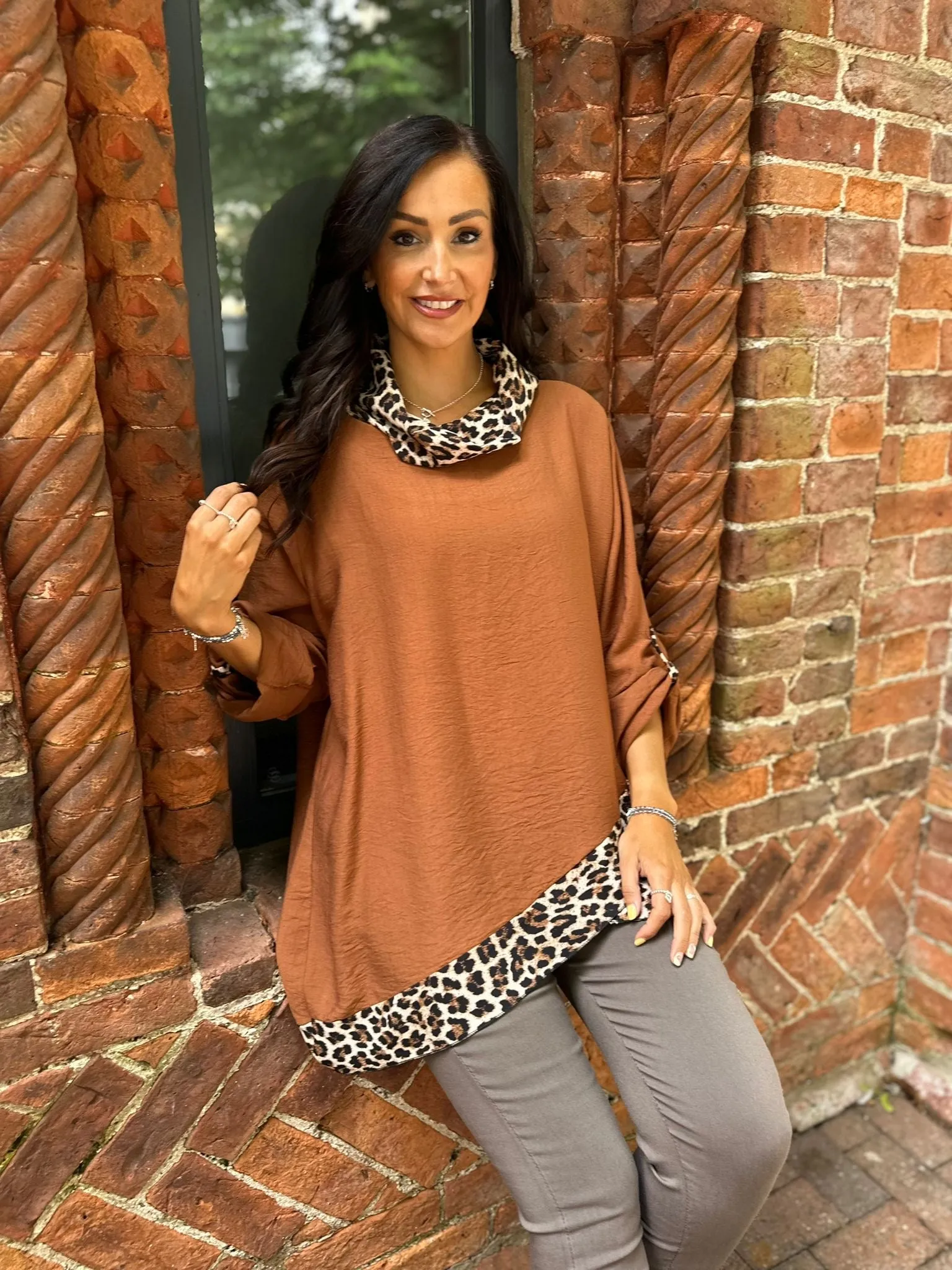 Tan Leopard Cowl Neck Top Frances