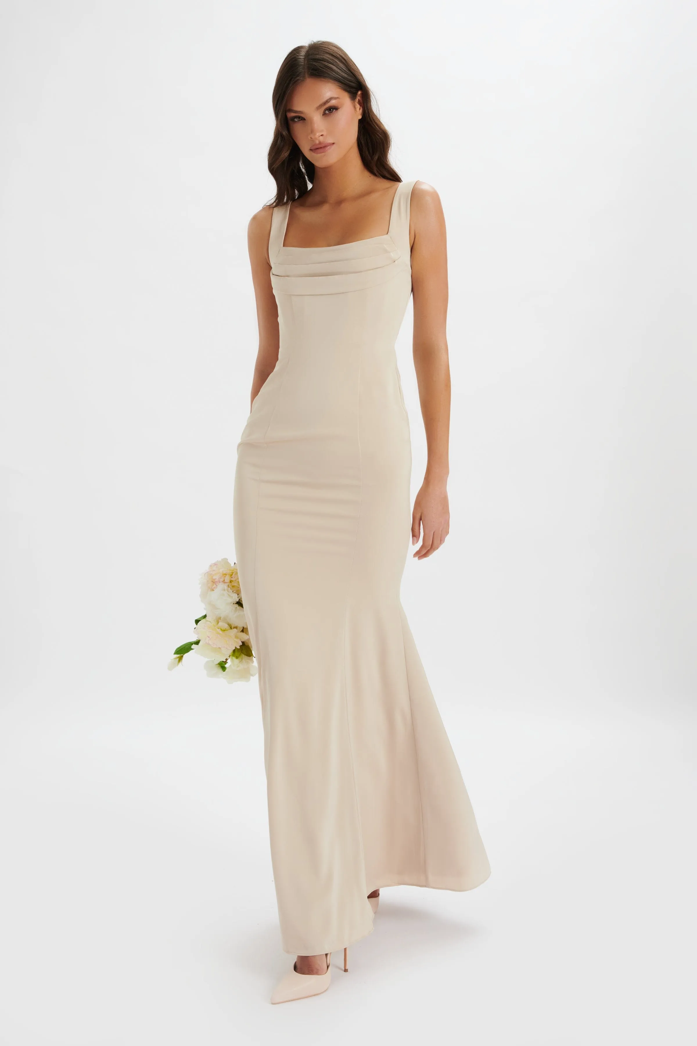 TARA Structured Satin Cowl Front Maxi Dress in Champagne