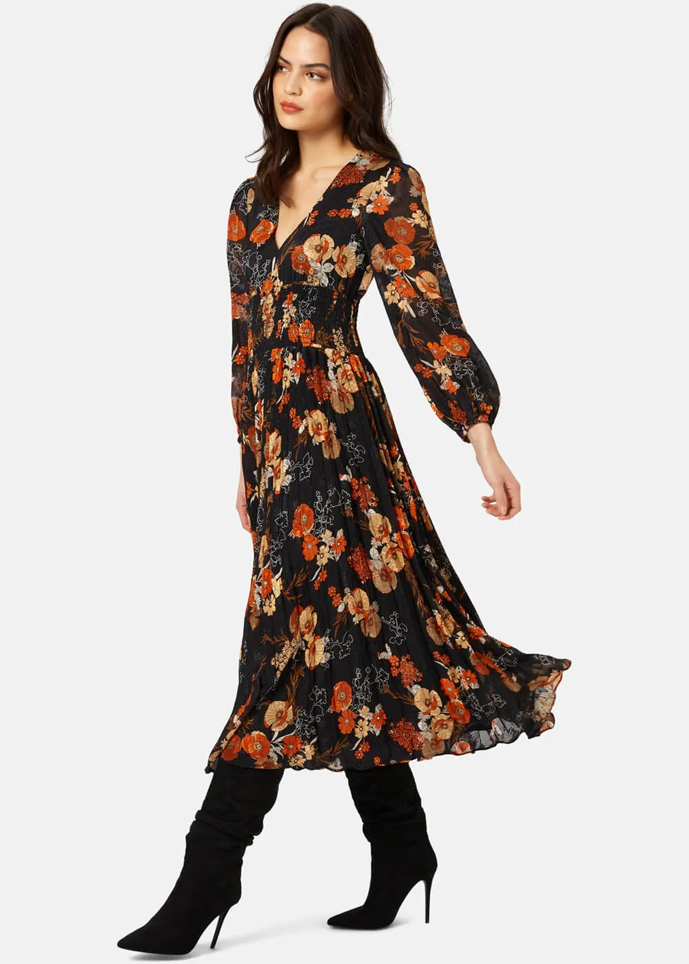 Traffic People Aurora Floral 70's Midi Dress Black