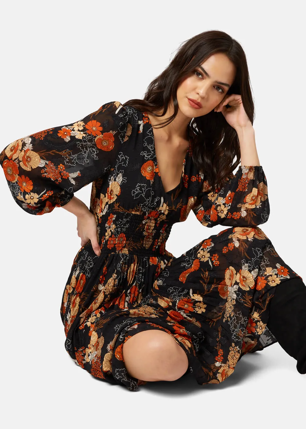 Traffic People Aurora Floral 70's Midi Dress Black