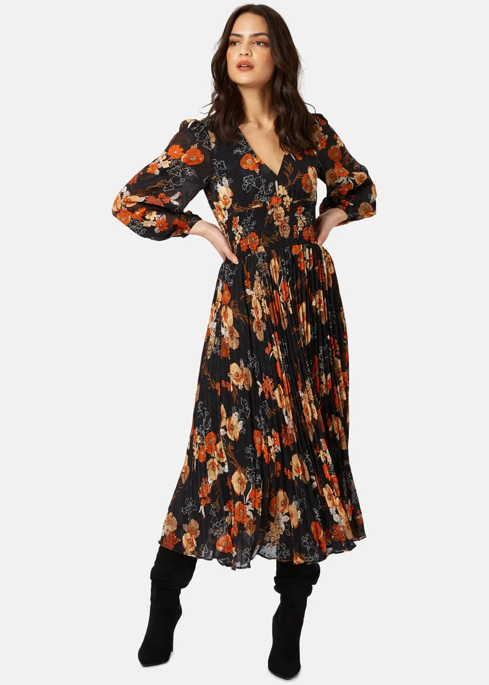 Traffic People Aurora Floral 70's Midi Dress Black