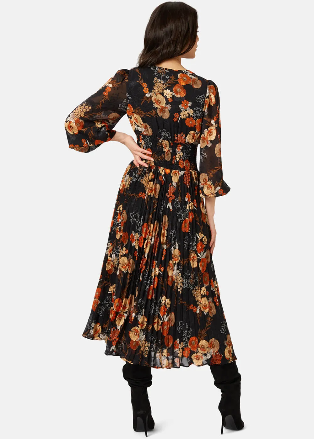 Traffic People Aurora Floral 70's Midi Dress Black