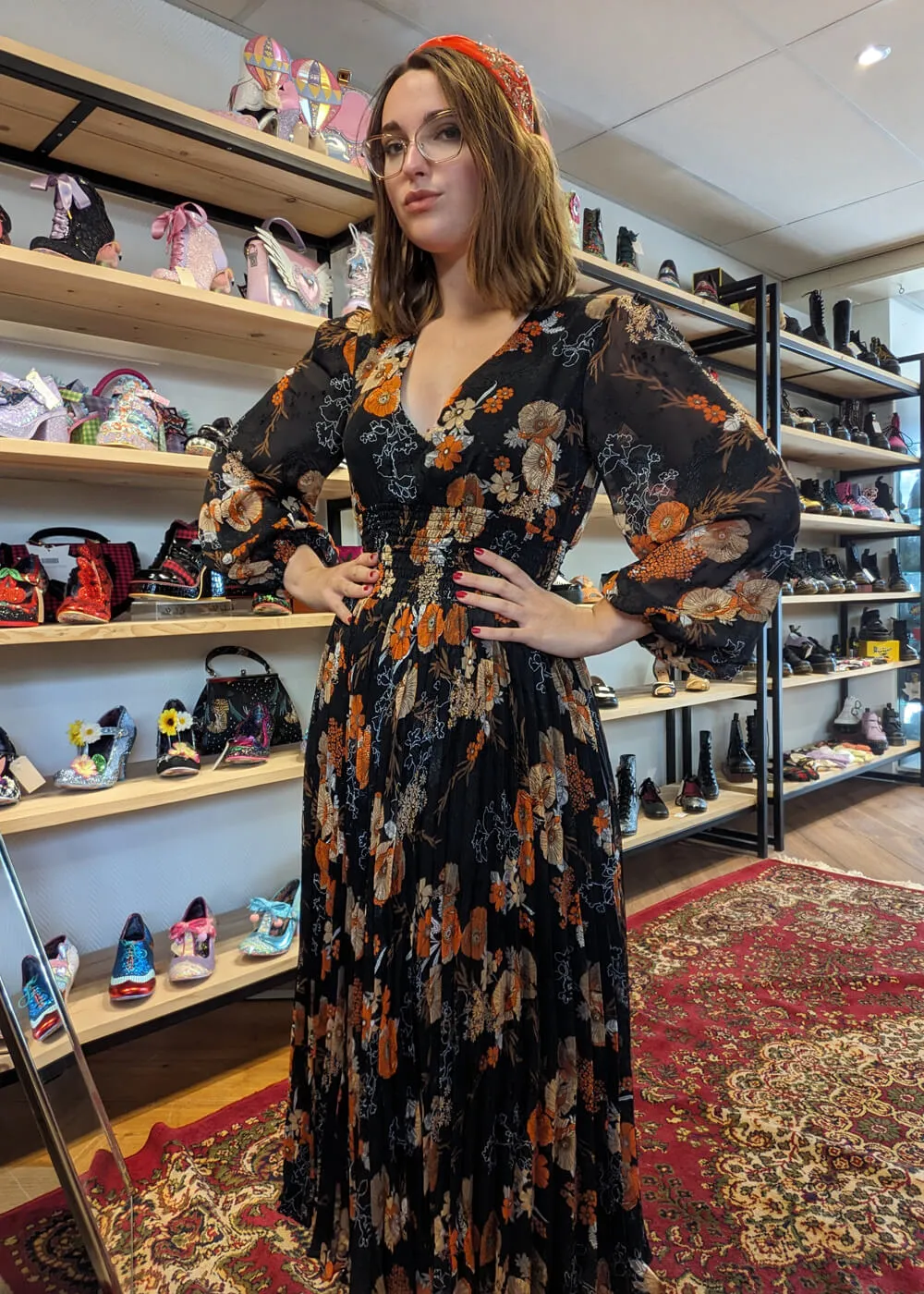 Traffic People Aurora Floral 70's Midi Dress Black