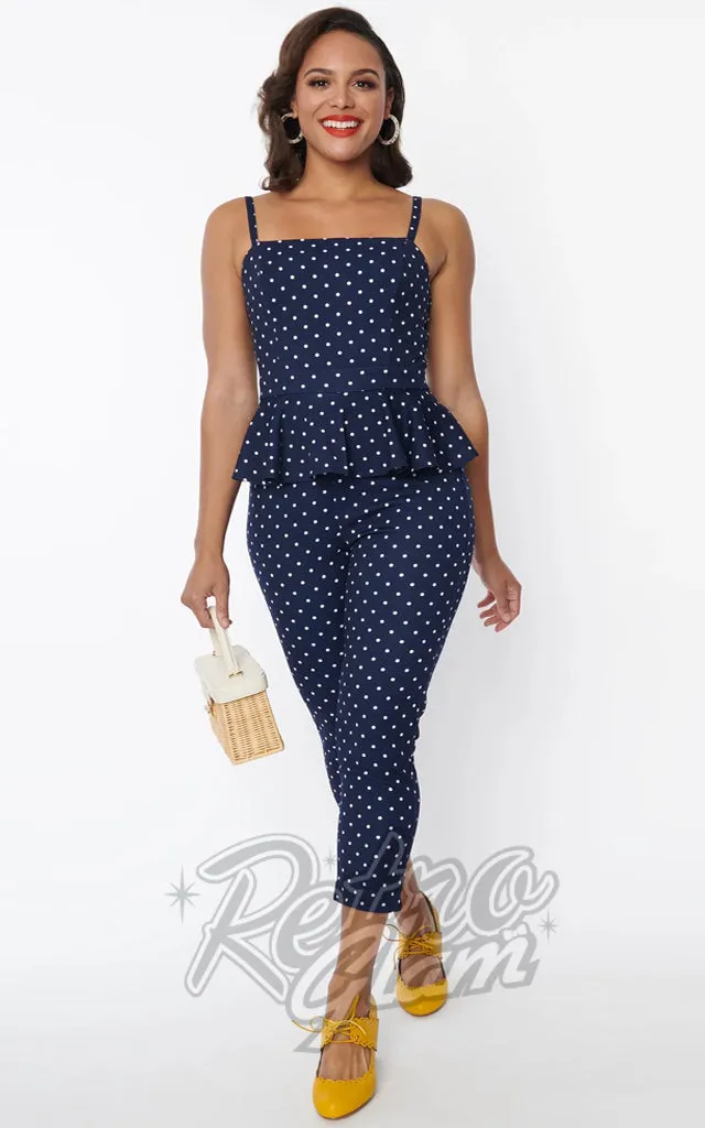 Unique Vintage Peplum Jumpsuit in Navy Polka Dot- 1XL left only