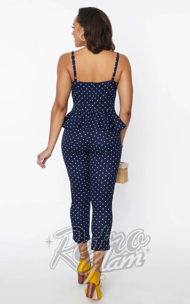 Unique Vintage Peplum Jumpsuit in Navy Polka Dot- 1XL left only