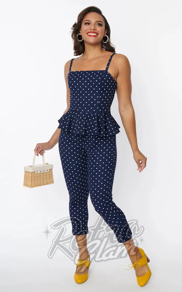 Unique Vintage Peplum Jumpsuit in Navy Polka Dot- 1XL left only