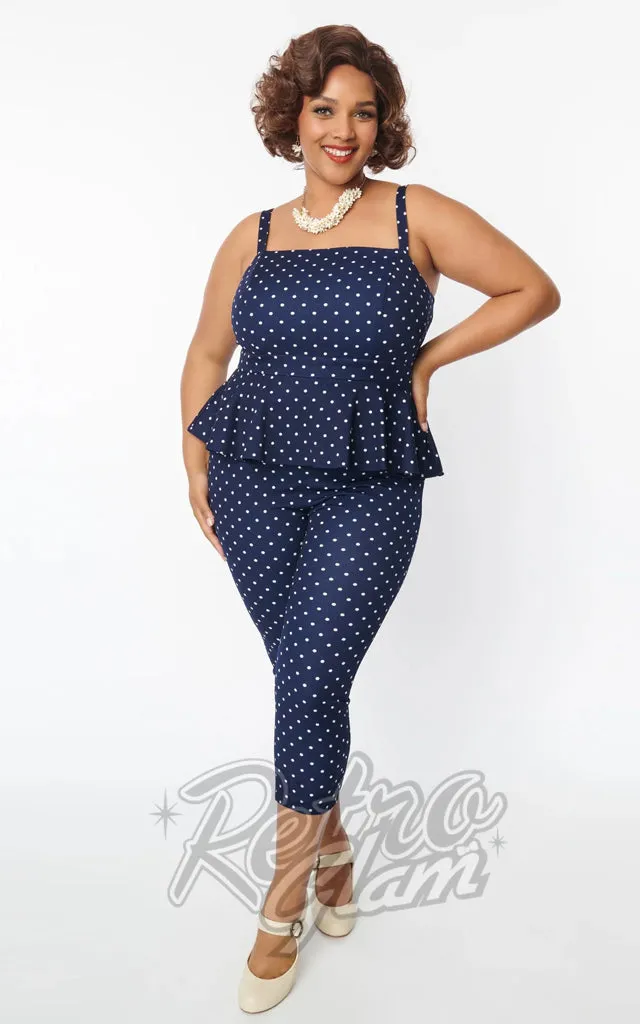 Unique Vintage Peplum Jumpsuit in Navy Polka Dot- 1XL left only