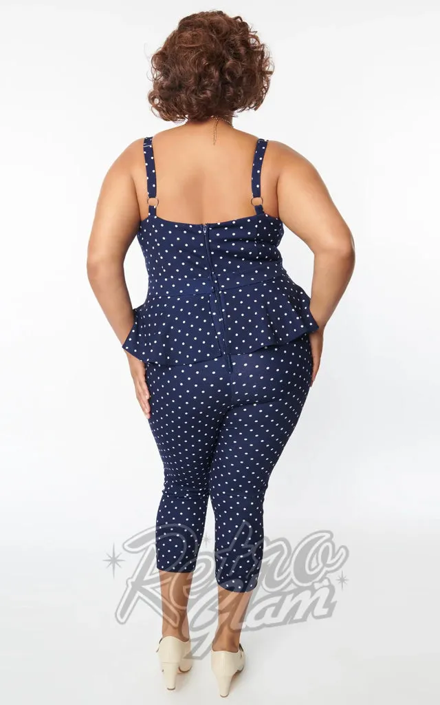 Unique Vintage Peplum Jumpsuit in Navy Polka Dot- 1XL left only