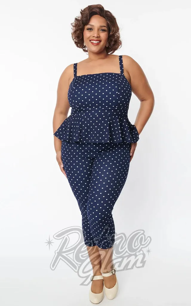 Unique Vintage Peplum Jumpsuit in Navy Polka Dot- 1XL left only