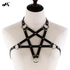 Woman Pentagram Punk Style PU Leather Harness Bra