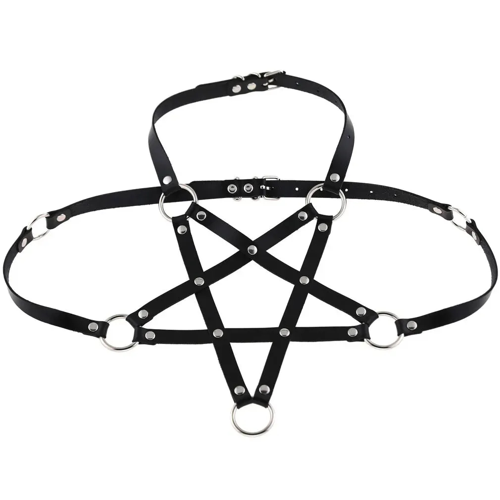 Woman Pentagram Punk Style PU Leather Harness Bra