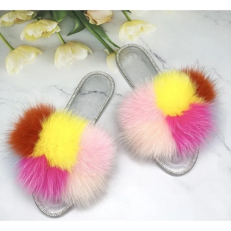 Women's Summer Real Fur Fluffy Slides Flat Flip Flop House Slippers