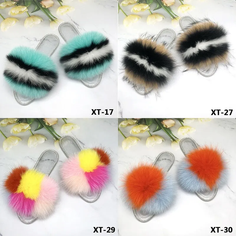 Women's Summer Real Fur Fluffy Slides Flat Flip Flop House Slippers