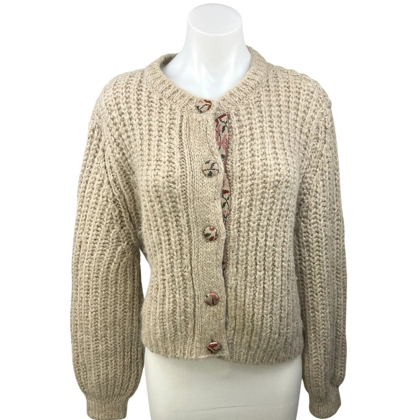 Zara Beige Cream Wool Chunky Knit Button Down Oversized Cardigan Sweater Top S